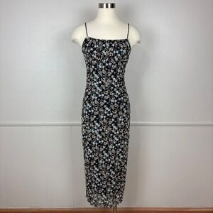 No Comment Mesh Midi Dress Size M Black Floral Ruched Bust Milkmaid Whimsigoth